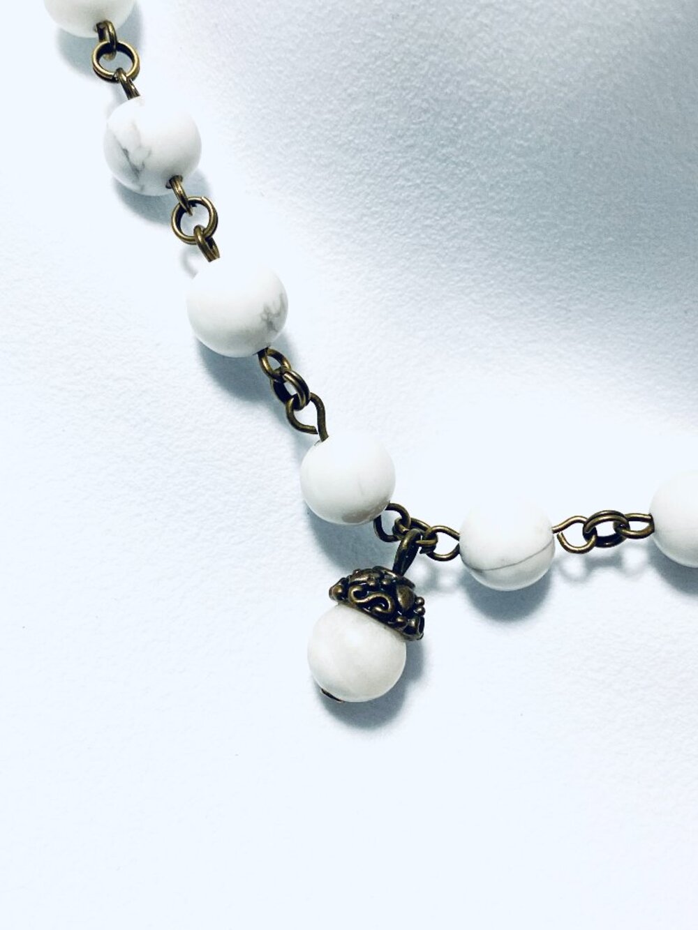 Genuine White Magnesite Short Necklace, Natural Gemstone & Bronze Acorn Pendant
